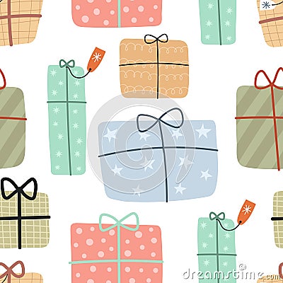 Seamless pattern with cartoon presents. Colorful vector flat for kids. hand drawing. Vector Illustration